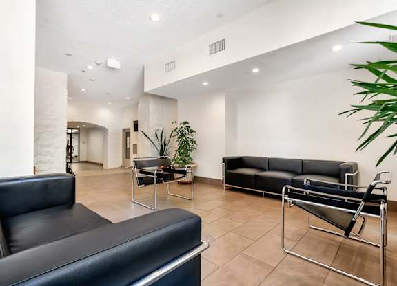 A black leather couch sits in main lobby with a glass table and a potted plant at Brewery Square Apartments, New Haven , Connecticut