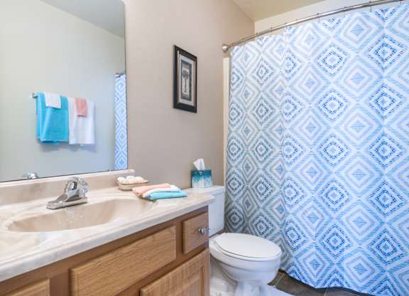 A bathroom with a toilet, sink, and shower curtain Fishermans Landing Apartments in Ormond Beach, FL.