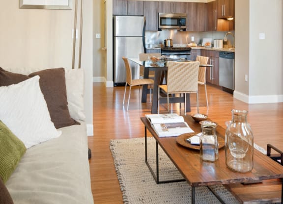 View of Living Room Into Kitchen at Wilber School Apartments, Sharon, MA.