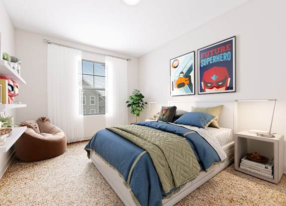 a bedroom with a bed and two windows at Niagara Square, Buffalo, 14201