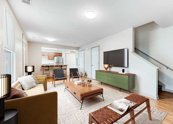 Living And Dining Area With Couch And Ottoman at Niagara Square, Buffalo, 14201