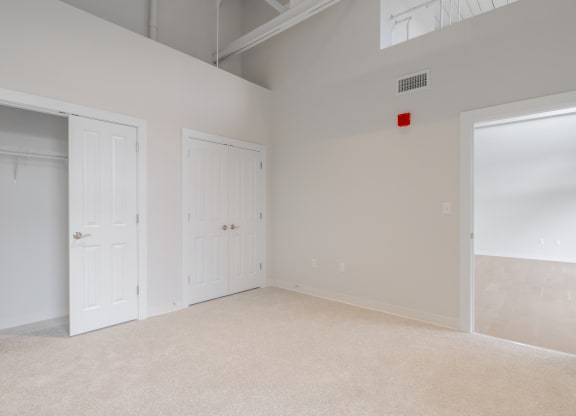 a bedroom with two closets and a door to a closet