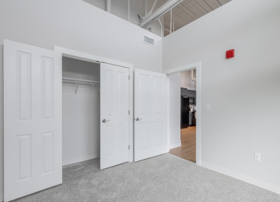 a bedroom with two closets and a door to a closet