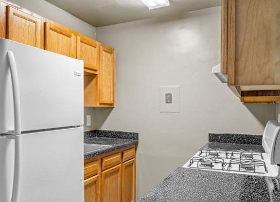 A kitchen with a white refrigerator and a black countertop.