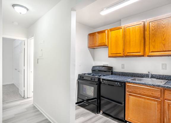 A kitchen with black appliances and wooden cabinets.