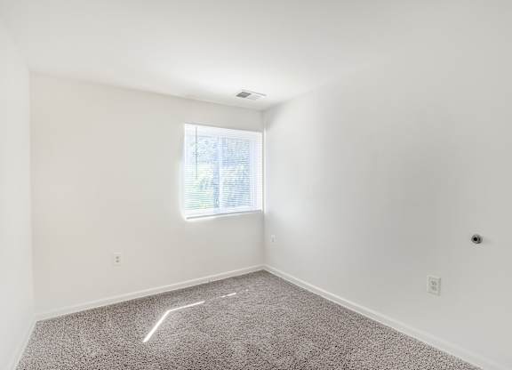 A room with a carpeted floor and a window.