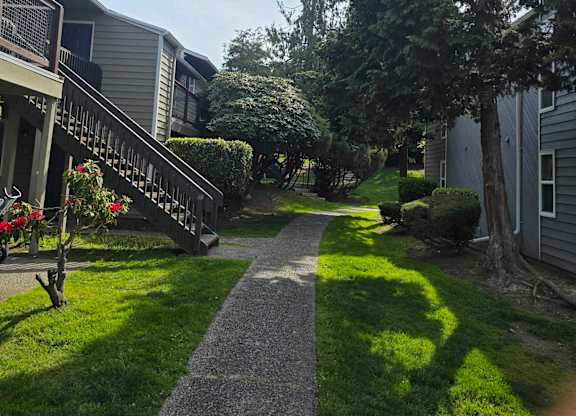 A sunny day in a quiet residential area with a pathway leading to a house.