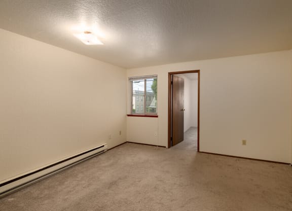 A room with a carpeted floor and a window.