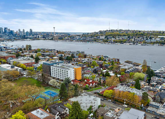 an aerial view of a city and a body of water