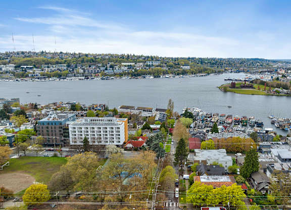 an aerial view of the city and the water