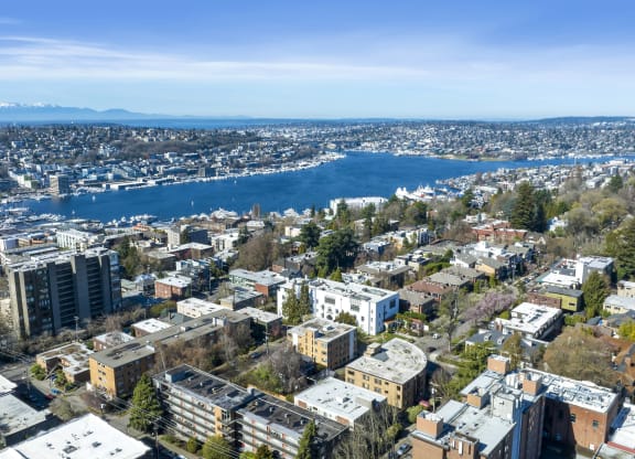 a view of the city and a body of water