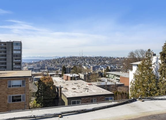 the view of the city from the roof of a building