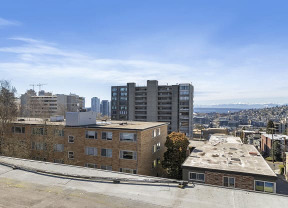 the view of the city from the roof of a building