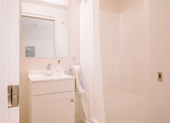 Bathroom with white sink, vanity, and shower in our ADA-accessible studio apartments at Bode125