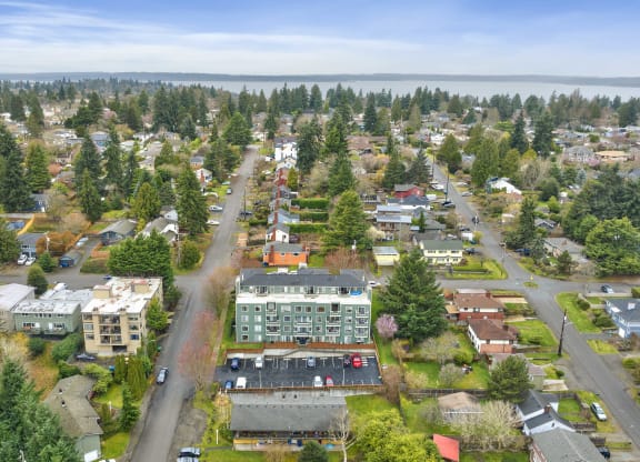 an aerial view of a city with houses and trees