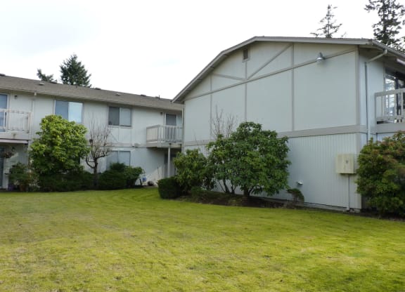 Bridgeport Terrace Apartment white and tan painted building surrounded by trees