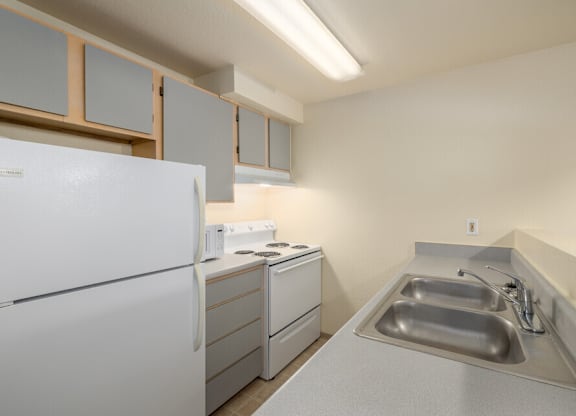 A white refrigerator sits next to a sink in a kitchen.