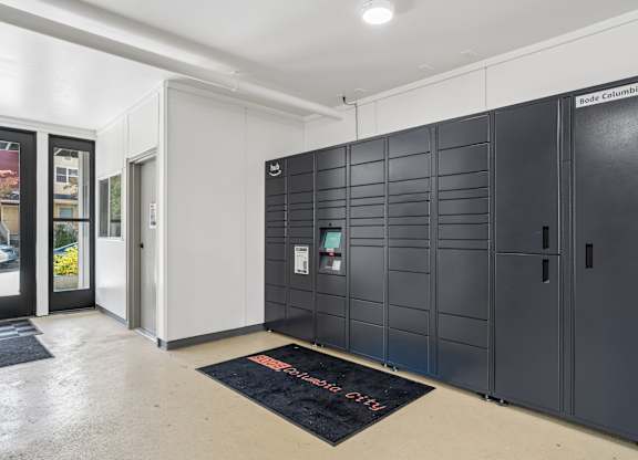 A black and white room with a sign that says "Bedf. Columbia".