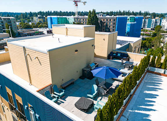 Aerial view of Bode125's rooftop lounge with umbrellas, seating, BBQ's, and foliage