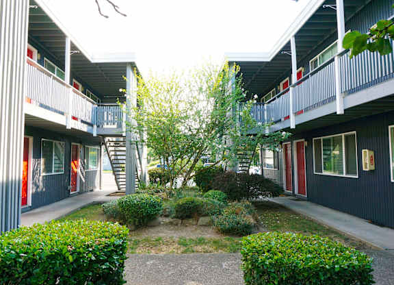 A courtyard with a tree and bushes in the middle of apartment buildings.