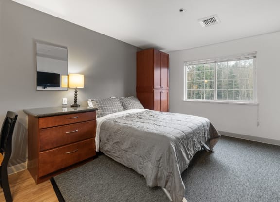 a bedroom with a bed and a dresser and a window