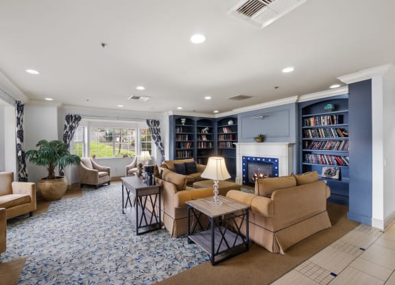 a living room with couches and chairs and a fireplace