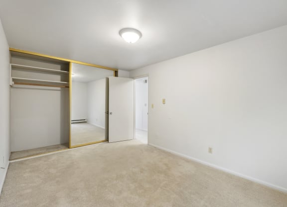 a living room with white walls and a door to a closet