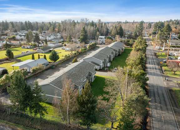 A bird's eye view of a residential area with houses and trees.