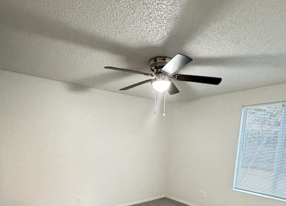 A room with a ceiling fan and a carpeted floor.