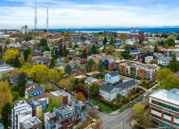 an aerial view of a city with buildings and trees
