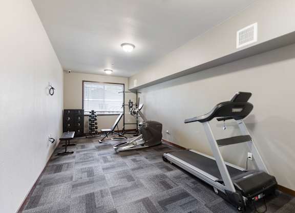 A home gym with a treadmill, weights, and exercise equipment.