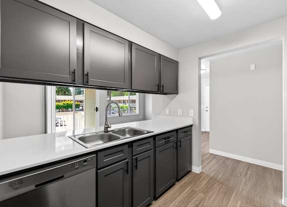 A kitchen with black cabinets and a white countertop.