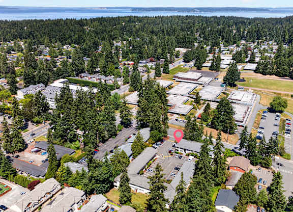 A bird's eye view of a residential area with houses and trees.