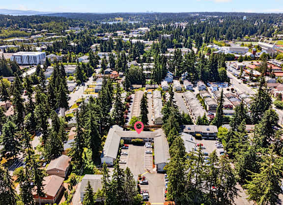 A red pin marks a location in a parking lot in a wooded area.
