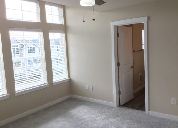 a bedroom with two large windows and a door to a closet