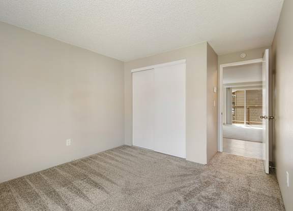 A bedroom with a carpeted floor and closet