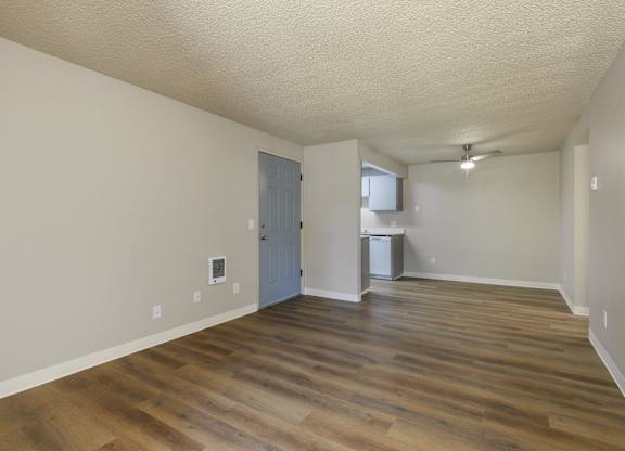A room with wooden floors and a blue door.