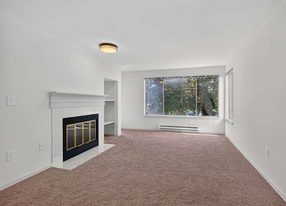 A room with a fireplace and a window.