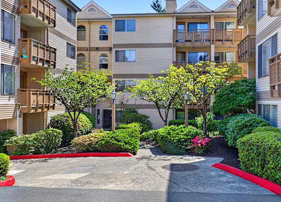Apartment complex with a red curb and a tree in the center.
