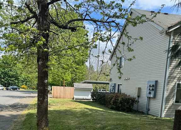A tree stands in a yard in front of a house.