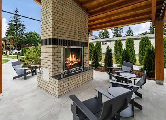 A modern outdoor patio at The Hub Apartments, Lacey, WA