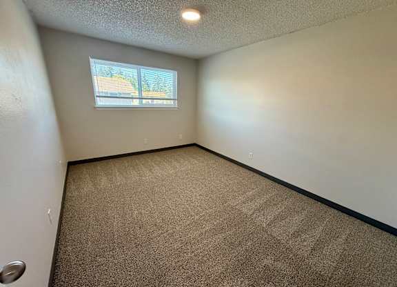 A room with a carpeted floor and a window.