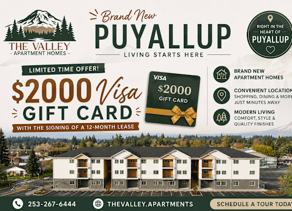 An advertisement for The Valley Apartment Homes in Puyallup, offering a $2000 Visa gift card with a 12-month lease.