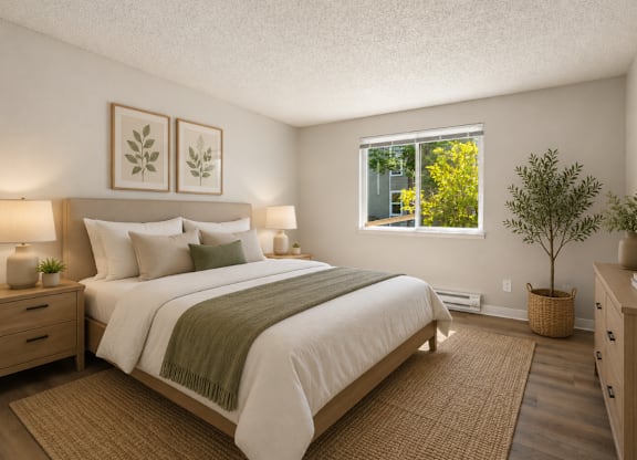 A bedroom with a large bed and a window showing greenery outside.