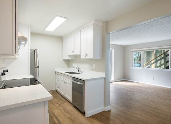 A kitchen with white cabinets and a stainless steel dishwasher.
