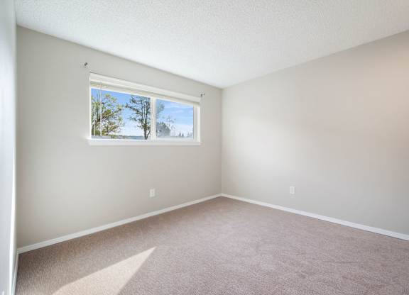 Empty room with a window showing trees outside.