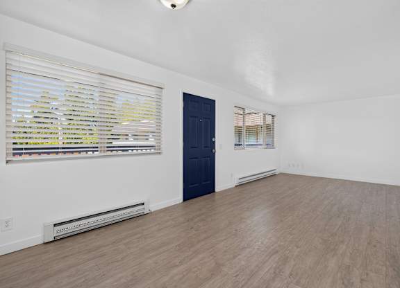 A room with a blue door and a window with blinds.