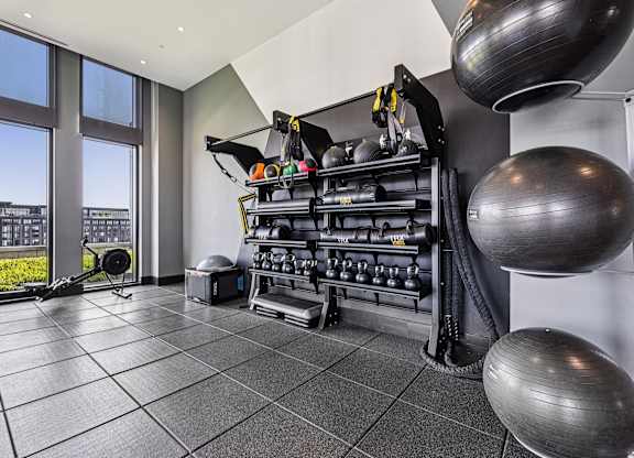 A gym with a black weight rack and a black mat.