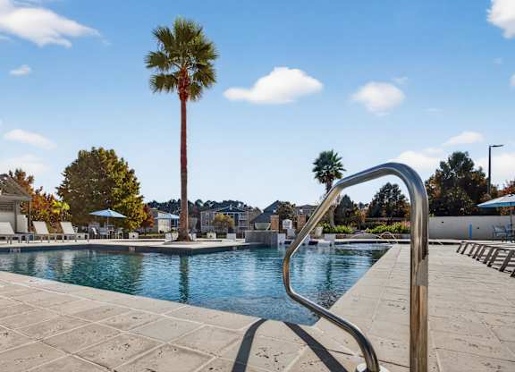 A pool with a diving board and a palm tree in the background.