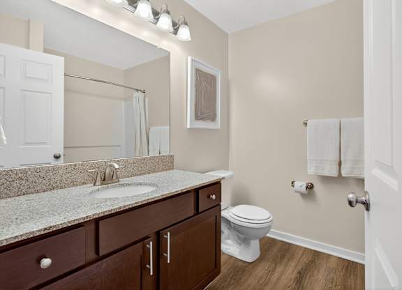 A bathroom with a toilet, sink, and mirror.